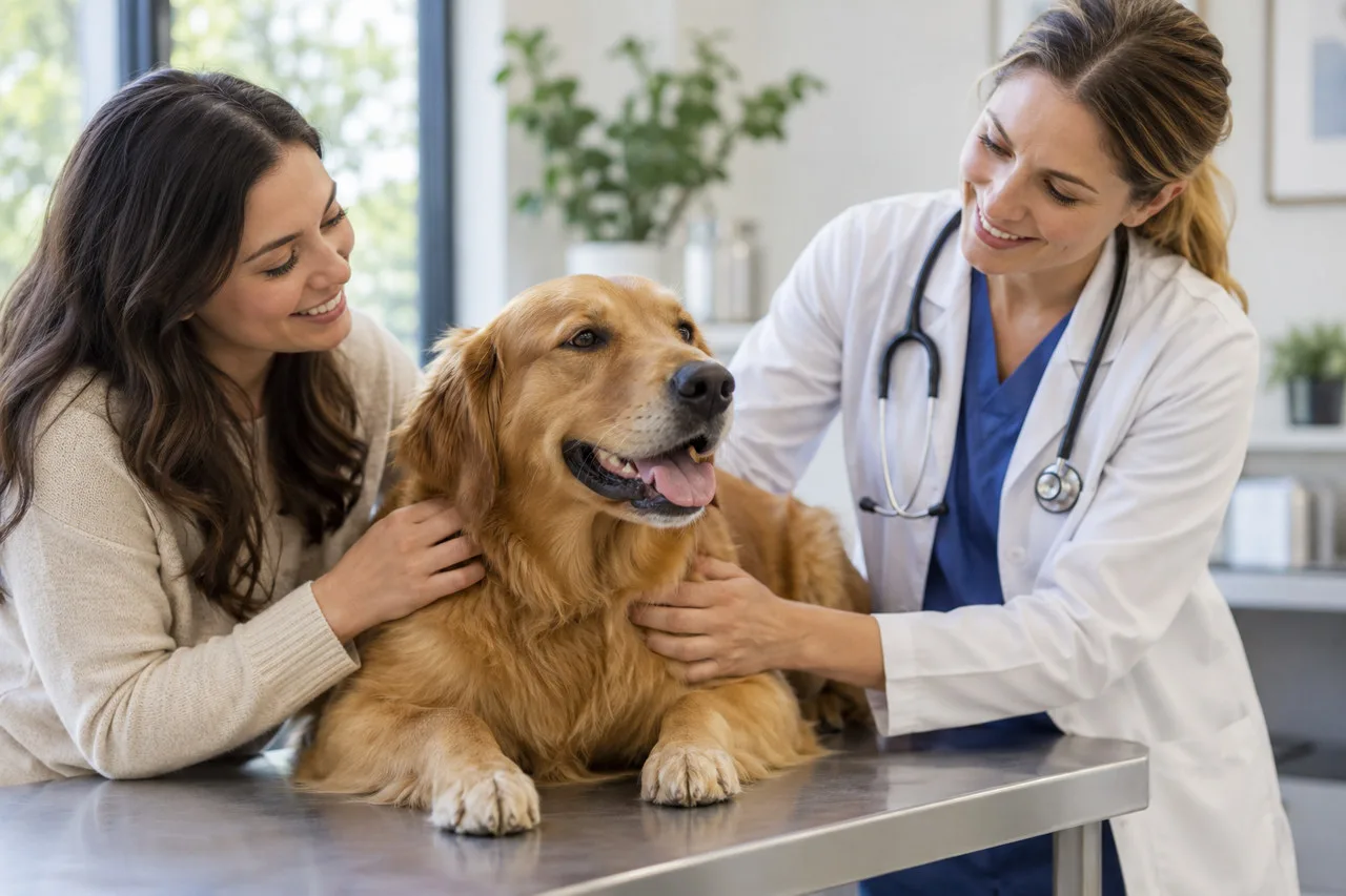 Owner and veterinarian talking beside a dog